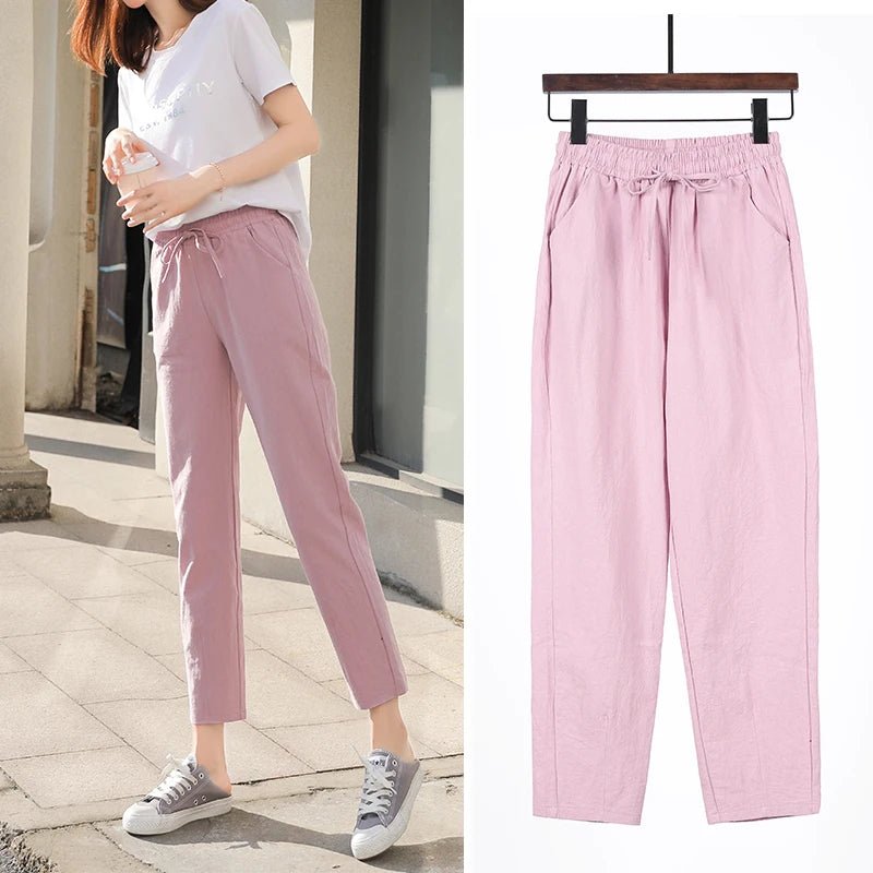 Women’s Cotton Linen Harem Pants - Elastic Waist Candy Colors - dellidu.com - Pink - Women’s Cotton Linen Harem Pants - Elastic Waist Candy Colors - XL(57 - 63kg) - Women’s Cotton Linen Harem Pants - Elastic Waist Candy Colors - 14:365458#Pink;5:100014065#XL(57 - 63kg) - dellidu.com