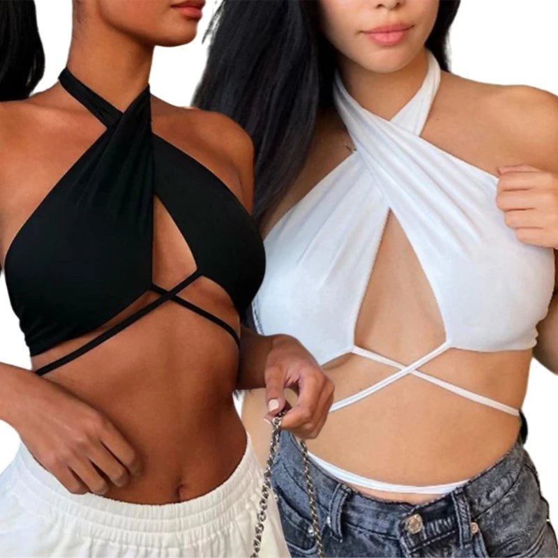 Women's Crisscross Lace Up Halterneck Crop Top - dellidu.com - BK - Women's Crisscross Lace Up Halterneck Crop Top - L - CHINA - Women's Crisscross Lace Up Halterneck Crop Top - 14:771#BK;200007763:201336100;5:361385 - dellidu.com