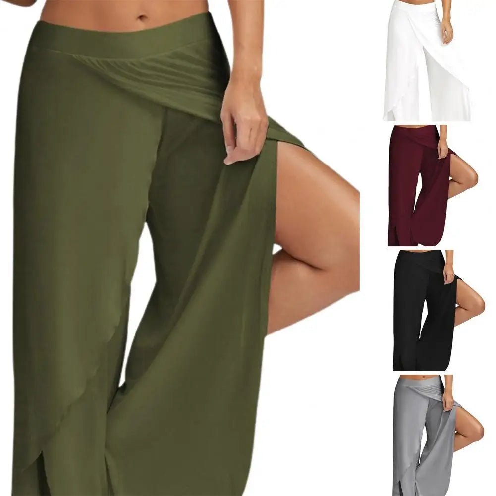 Women's Elastic Waist Mid - Rise Wide Leg Yoga Pants - dellidu.com - Dark Green - Women's Elastic Waist Mid - Rise Wide Leg Yoga Pants - L - Women's Elastic Waist Mid - Rise Wide Leg Yoga Pants - 14:202693815;5:361385 - dellidu.com