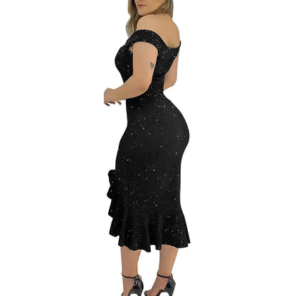 Women's Elegant Off Shoulder Sequin Ruffle Dress - dellidu.com - Black - Women's Elegant Off Shoulder Sequin Ruffle Dress - L - Women's Elegant Off Shoulder Sequin Ruffle Dress - 14:193#Black;5:361385 - dellidu.com