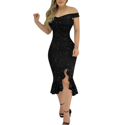 Women's Elegant Off Shoulder Sequin Ruffle Dress - dellidu.com - Black - Women's Elegant Off Shoulder Sequin Ruffle Dress - L - Women's Elegant Off Shoulder Sequin Ruffle Dress - 14:193#Black;5:361385 - dellidu.com