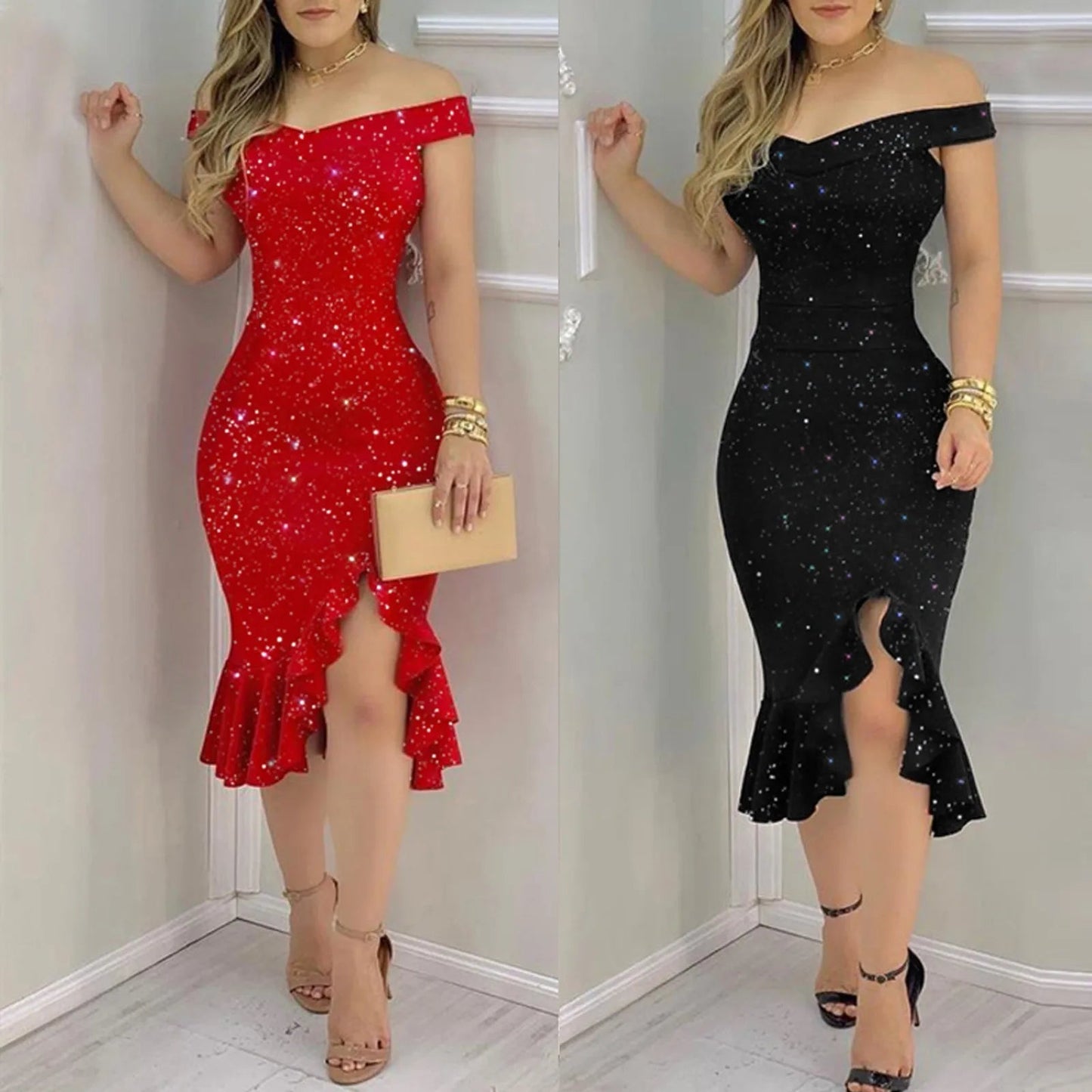 Women's Elegant Off Shoulder Sequin Ruffle Dress - dellidu.com - Black - Women's Elegant Off Shoulder Sequin Ruffle Dress - L - Women's Elegant Off Shoulder Sequin Ruffle Dress - 14:193#Black;5:361385 - dellidu.com