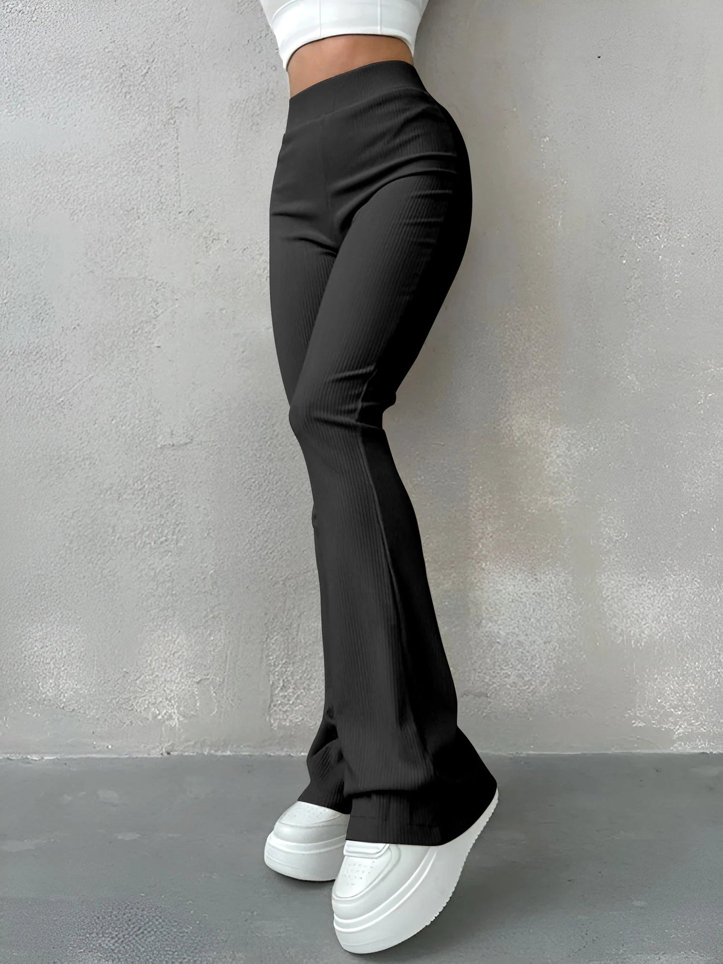 Women's High Waisted Flared Slim Pants - Ribbed Solid Color - dellidu.com - black - Women's High Waisted Flared Slim Pants - Ribbed Solid Color - XL - Women's High Waisted Flared Slim Pants - Ribbed Solid Color - 14:193;5:100014065 - dellidu.com