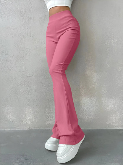 Women's High Waisted Flared Slim Pants - Ribbed Solid Color - dellidu.com - Rose Red - Women's High Waisted Flared Slim Pants - Ribbed Solid Color - XL - Women's High Waisted Flared Slim Pants - Ribbed Solid Color - 14:200211869;5:100014065 - dellidu.com