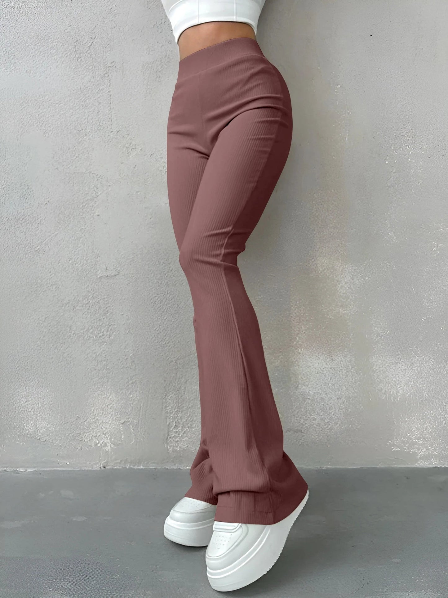 Women's High Waisted Flared Slim Pants - Ribbed Solid Color - dellidu.com - Brown - Women's High Waisted Flared Slim Pants - Ribbed Solid Color - XL - Women's High Waisted Flared Slim Pants - Ribbed Solid Color - 14:365458;5:100014065 - dellidu.com