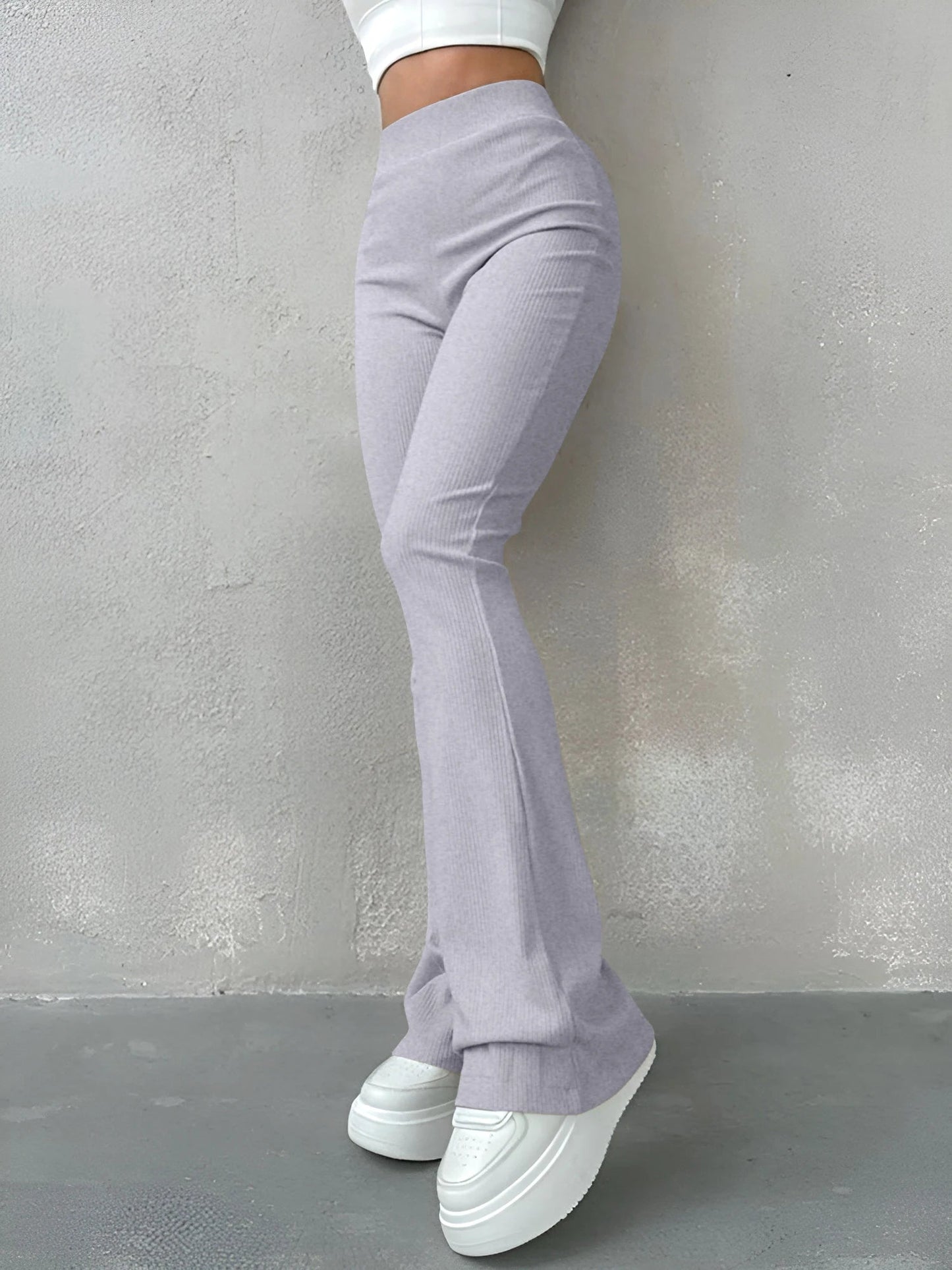 Women's High Waisted Flared Slim Pants - Ribbed Solid Color - dellidu.com - GRAY - Women's High Waisted Flared Slim Pants - Ribbed Solid Color - XL - Women's High Waisted Flared Slim Pants - Ribbed Solid Color - 14:691;5:100014065 - dellidu.com