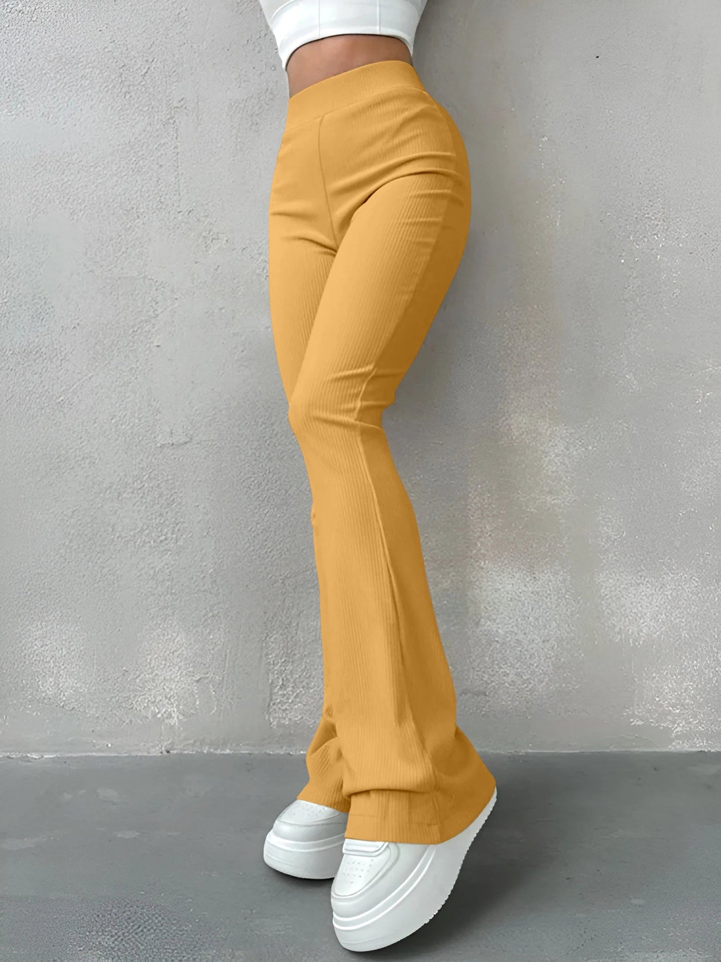 Women's High Waisted Flared Slim Pants - Ribbed Solid Color - dellidu.com - Yellow - Women's High Waisted Flared Slim Pants - Ribbed Solid Color - XXL - Women's High Waisted Flared Slim Pants - Ribbed Solid Color - 14:366;5:4182 - dellidu.com