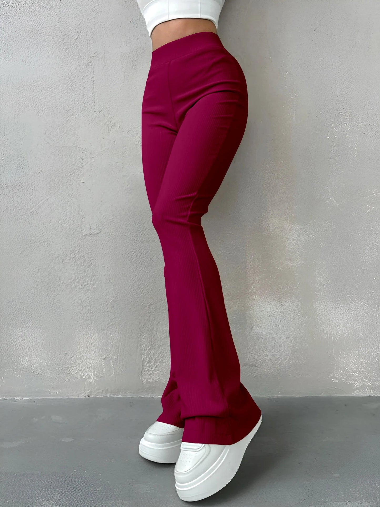 Women's High Waisted Flared Slim Pants - Ribbed Solid Color - dellidu.com - Claret - Women's High Waisted Flared Slim Pants - Ribbed Solid Color - XL - Women's High Waisted Flared Slim Pants - Ribbed Solid Color - 14:273312254;5:100014065 - dellidu.com