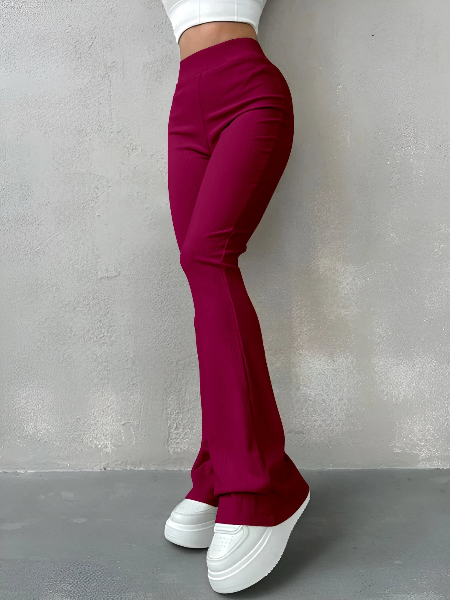 Women's High Waisted Flared Slim Pants - Ribbed Solid Color - dellidu.com - Claret - Women's High Waisted Flared Slim Pants - Ribbed Solid Color - XL - Women's High Waisted Flared Slim Pants - Ribbed Solid Color - 14:273312254;5:100014065 - dellidu.com