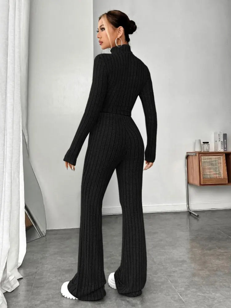 Women’s Knit Striped Long Sleeve T-Shirt & Pants Set - dellidu.com - Black - Women’s Knit Striped Long Sleeve T-Shirt & Pants Set - S - Women’s Knit Striped Long Sleeve T-Shirt & Pants Set - 14:193#Black;5:100014064 - dellidu.com