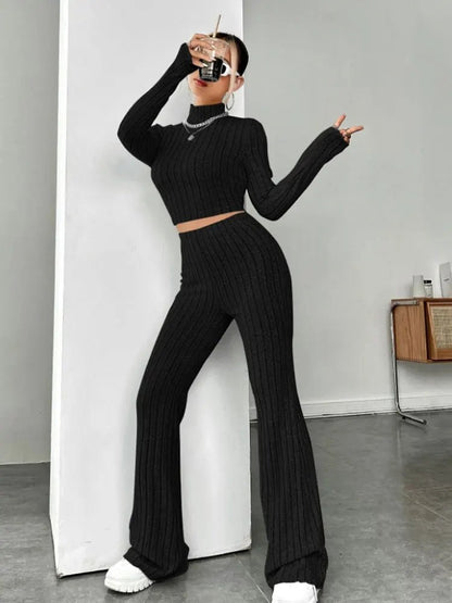 Women’s Knit Striped Long Sleeve T-Shirt & Pants Set - dellidu.com - Black - Women’s Knit Striped Long Sleeve T-Shirt & Pants Set - S - Women’s Knit Striped Long Sleeve T-Shirt & Pants Set - 14:193#Black;5:100014064 - dellidu.com