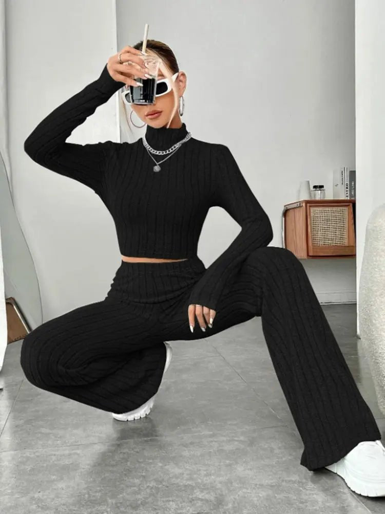 Women’s Knit Striped Long Sleeve T-Shirt & Pants Set - dellidu.com - Black - Women’s Knit Striped Long Sleeve T-Shirt & Pants Set - S - Women’s Knit Striped Long Sleeve T-Shirt & Pants Set - 14:193#Black;5:100014064 - dellidu.com