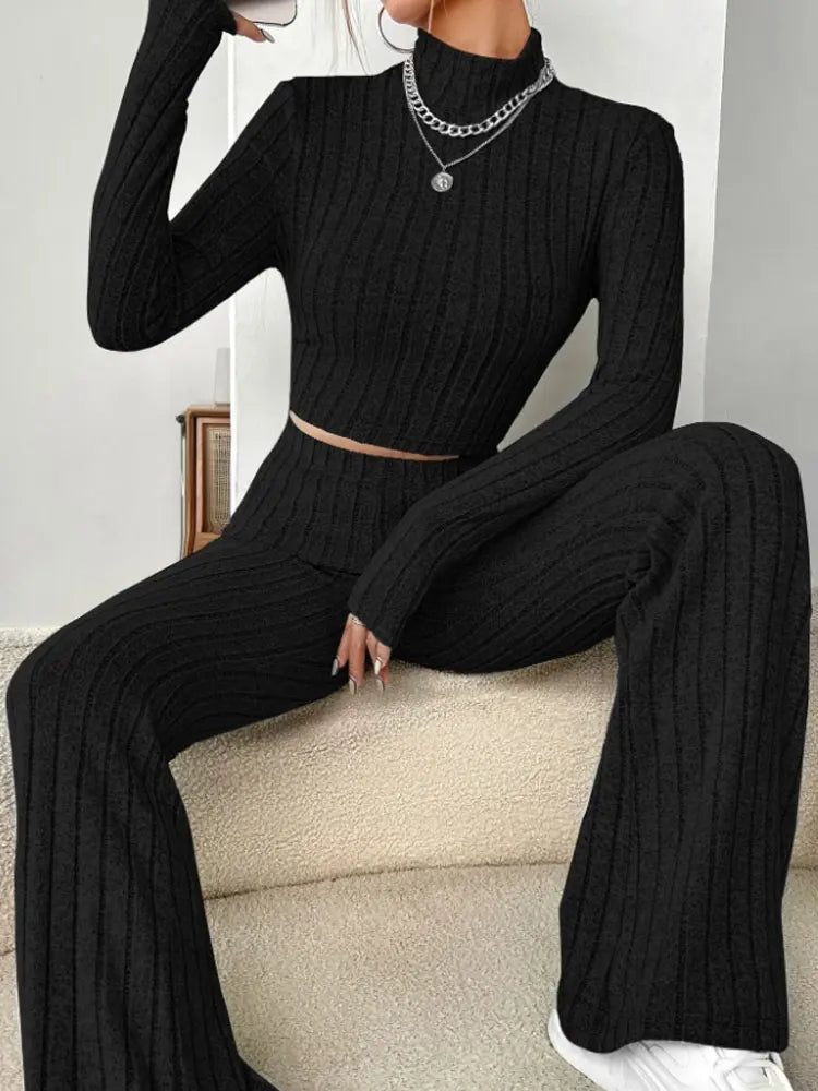 Women’s Knit Striped Long Sleeve T-Shirt & Pants Set - dellidu.com - Black - Women’s Knit Striped Long Sleeve T-Shirt & Pants Set - S - Women’s Knit Striped Long Sleeve T-Shirt & Pants Set - 14:193#Black;5:100014064 - dellidu.com