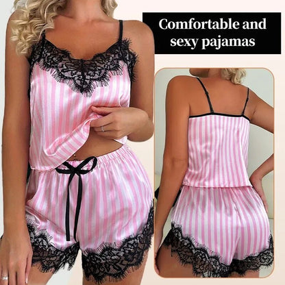 Women's Lace V - Neck Suspender Pajama Shorts Set - dellidu.com - Pink - Women's Lace V - Neck Suspender Pajama Shorts Set - M - Women's Lace V - Neck Suspender Pajama Shorts Set - 14:1052;5:361386 - dellidu.com