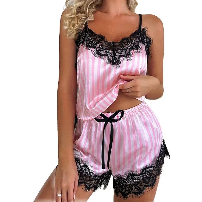 Women's Lace V - Neck Suspender Pajama Shorts Set - dellidu.com - Pink - Women's Lace V - Neck Suspender Pajama Shorts Set - M - Women's Lace V - Neck Suspender Pajama Shorts Set - 14:1052;5:361386 - dellidu.com