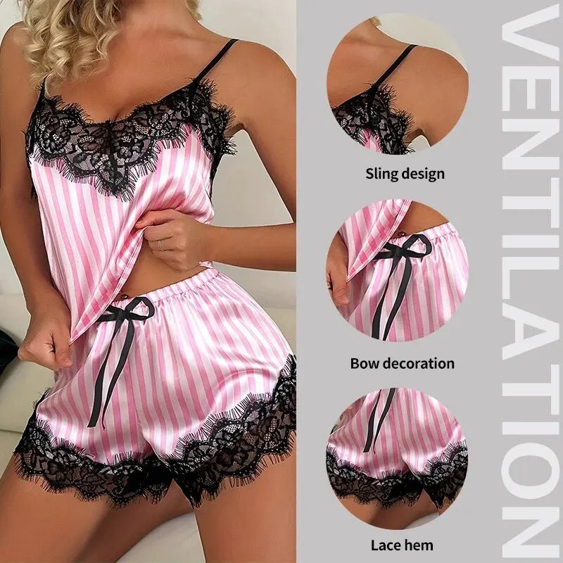 Women's Lace V - Neck Suspender Pajama Shorts Set - dellidu.com - Pink - Women's Lace V - Neck Suspender Pajama Shorts Set - M - Women's Lace V - Neck Suspender Pajama Shorts Set - 14:1052;5:361386 - dellidu.com