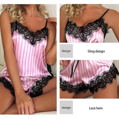 Women's Lace V - Neck Suspender Pajama Shorts Set - dellidu.com - Pink - Women's Lace V - Neck Suspender Pajama Shorts Set - M - Women's Lace V - Neck Suspender Pajama Shorts Set - 14:1052;5:361386 - dellidu.com