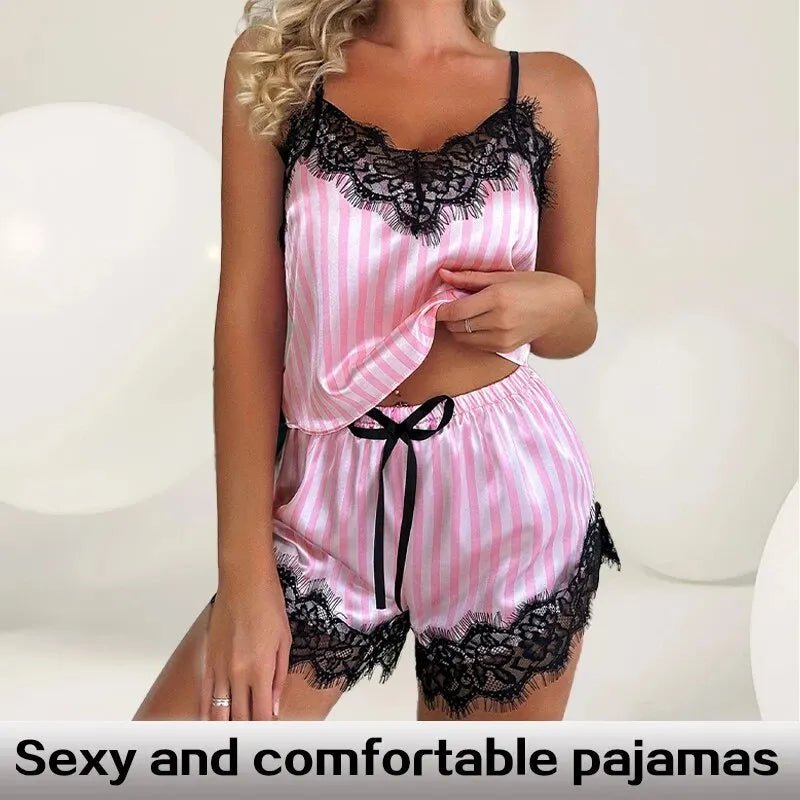 Women's Lace V - Neck Suspender Pajama Shorts Set - dellidu.com - Pink - Women's Lace V - Neck Suspender Pajama Shorts Set - M - Women's Lace V - Neck Suspender Pajama Shorts Set - 14:1052;5:361386 - dellidu.com