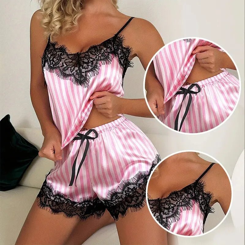 Women's Lace V - Neck Suspender Pajama Shorts Set - dellidu.com - Pink - Women's Lace V - Neck Suspender Pajama Shorts Set - M - Women's Lace V - Neck Suspender Pajama Shorts Set - 14:1052;5:361386 - dellidu.com