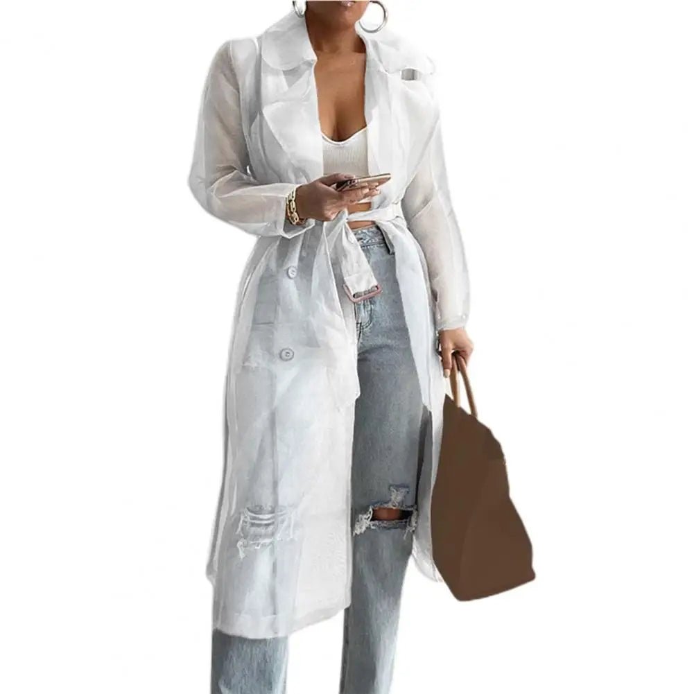 Womens Lightweight Mesh Transparent Overcoat with Belt - dellidu.com - White - Womens Lightweight Mesh Transparent Overcoat with Belt - S - Womens Lightweight Mesh Transparent Overcoat with Belt - 14:10#White;5:100014064 - dellidu.com