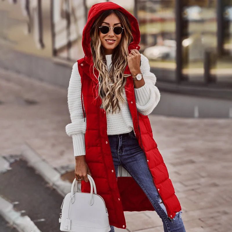 Women's Long Hooded Outdoor Down Vest Jacket - dellidu.com - Red - Women's Long Hooded Outdoor Down Vest Jacket - 4XL - Women's Long Hooded Outdoor Down Vest Jacket - 14:10#Red;5:200000990#4XL - dellidu.com