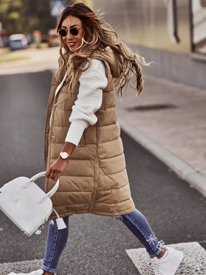 Women's Long Hooded Outdoor Down Vest Jacket - dellidu.com - khaki - Women's Long Hooded Outdoor Down Vest Jacket - 4XL - Women's Long Hooded Outdoor Down Vest Jacket - 14:200001438#khaki;5:200000990#4XL - dellidu.com