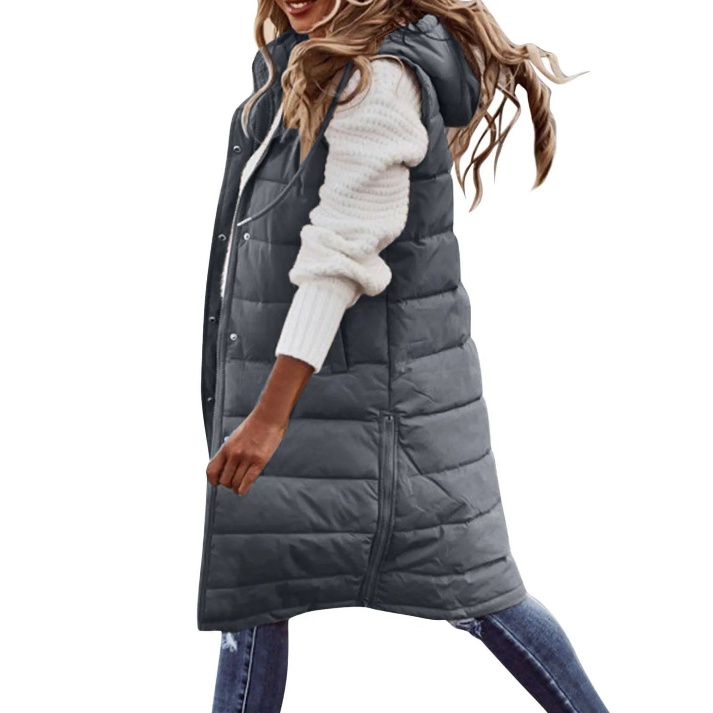 Women's Long Hooded Outdoor Down Vest Jacket - dellidu.com - Dark grey - Women's Long Hooded Outdoor Down Vest Jacket - 4XL - Women's Long Hooded Outdoor Down Vest Jacket - 14:200004890#Dark grey;5:200000990#4XL - dellidu.com