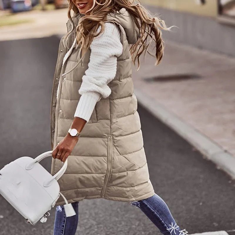 Women's Long Hooded Outdoor Down Vest Jacket - dellidu.com - beige - Women's Long Hooded Outdoor Down Vest Jacket - 4XL - Women's Long Hooded Outdoor Down Vest Jacket - 14:771#beige;5:200000990#4XL - dellidu.com