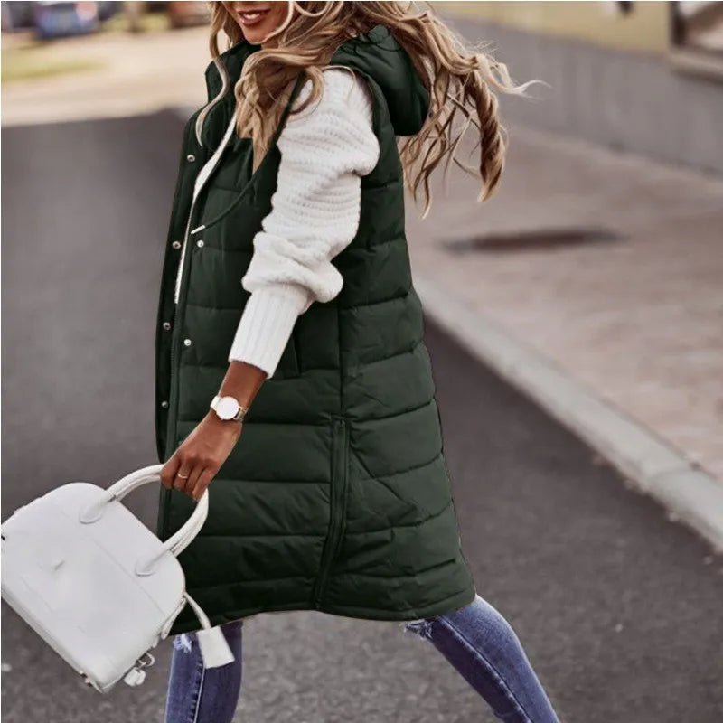 Women's Long Hooded Outdoor Down Vest Jacket - dellidu.com - Army green - Women's Long Hooded Outdoor Down Vest Jacket - 4XL - Women's Long Hooded Outdoor Down Vest Jacket - 14:200004889#Army green;5:200000990#4XL - dellidu.com