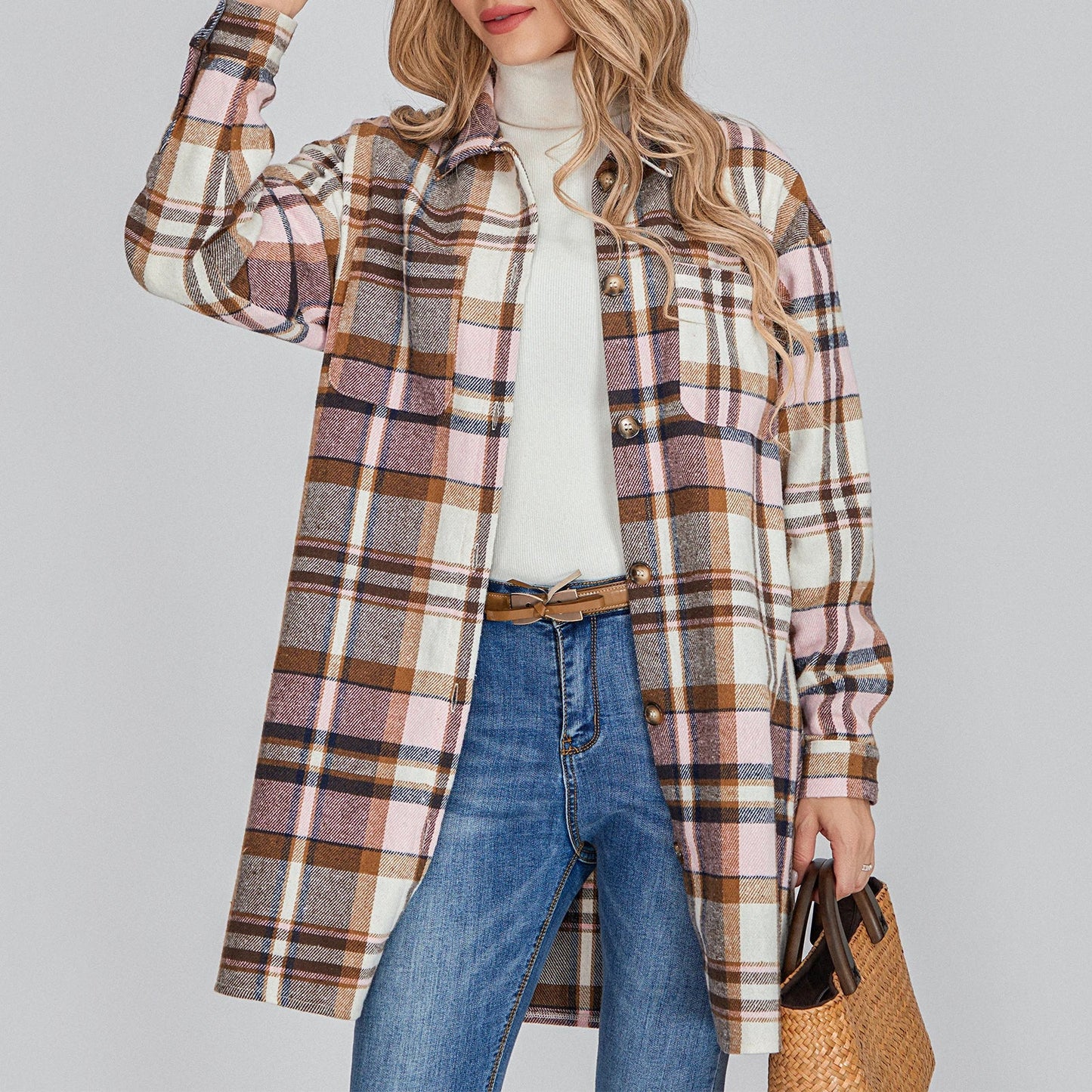 Women’s Plaid Flannel Shacket - Casual Button Down Coat - dellidu.com - Pink - Women’s Plaid Flannel Shacket - Casual Button Down Coat - M - Women’s Plaid Flannel Shacket - Casual Button Down Coat - 14:1052;5:361386 - dellidu.com