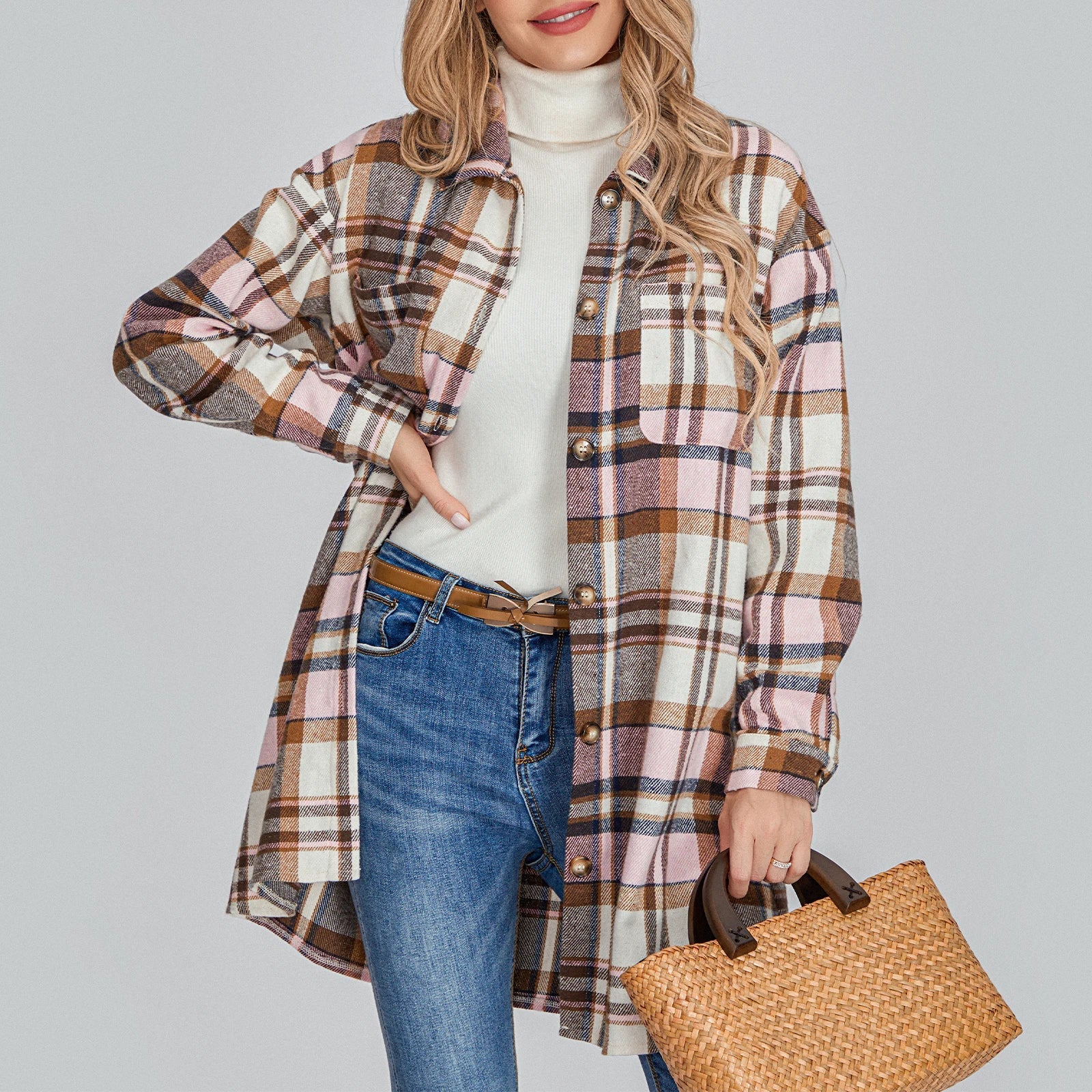 Women’s Plaid Flannel Shacket - Casual Button Down Coat - dellidu.com - Pink - Women’s Plaid Flannel Shacket - Casual Button Down Coat - M - Women’s Plaid Flannel Shacket - Casual Button Down Coat - 14:1052;5:361386 - dellidu.com