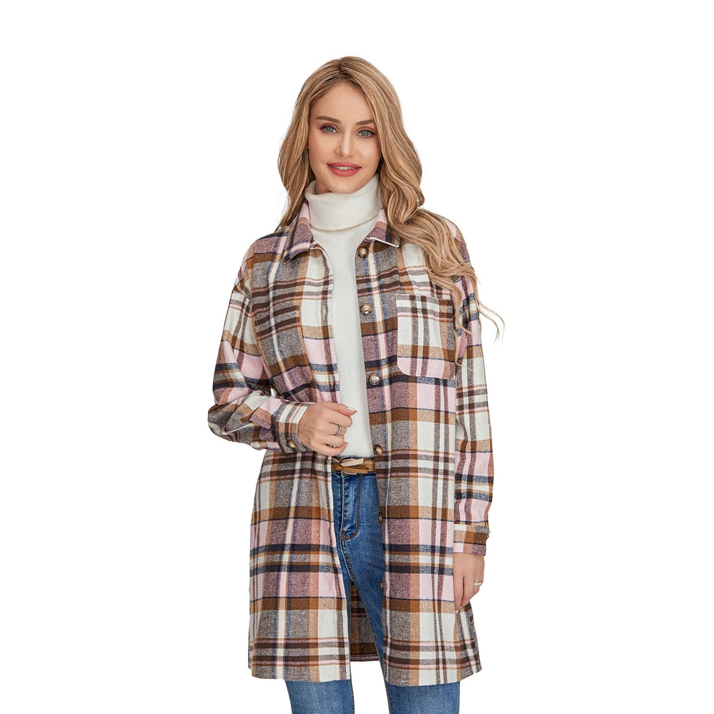 Women’s Plaid Flannel Shacket - Casual Button Down Coat - dellidu.com - Pink - Women’s Plaid Flannel Shacket - Casual Button Down Coat - M - Women’s Plaid Flannel Shacket - Casual Button Down Coat - 14:1052;5:361386 - dellidu.com