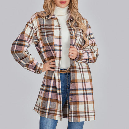 Women’s Plaid Flannel Shacket - Casual Button Down Coat - dellidu.com - Pink - Women’s Plaid Flannel Shacket - Casual Button Down Coat - M - Women’s Plaid Flannel Shacket - Casual Button Down Coat - 14:1052;5:361386 - dellidu.com