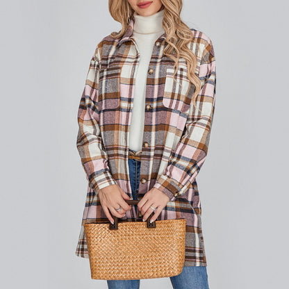 Women’s Plaid Flannel Shacket - Casual Button Down Coat - dellidu.com - Pink - Women’s Plaid Flannel Shacket - Casual Button Down Coat - M - Women’s Plaid Flannel Shacket - Casual Button Down Coat - 14:1052;5:361386 - dellidu.com