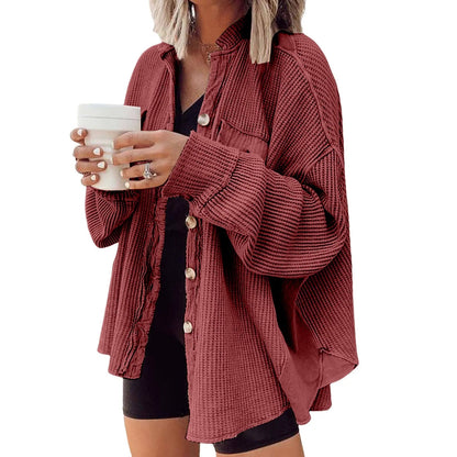 Women's Retro Waffle Jacket - Casual Long Sleeve Shacket - dellidu.com - Red - Women's Retro Waffle Jacket - Casual Long Sleeve Shacket - XXL - CHINA - Women's Retro Waffle Jacket - Casual Long Sleeve Shacket - 14:10#Red;200007763:201336100;5:4182 - dellidu.com