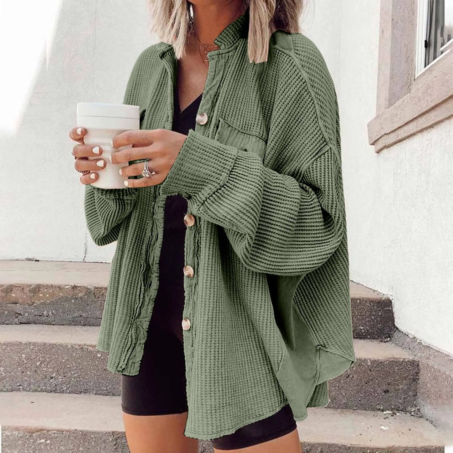 Women's Retro Waffle Jacket - Casual Long Sleeve Shacket - dellidu.com - Green - Women's Retro Waffle Jacket - Casual Long Sleeve Shacket - XXL - CHINA - Women's Retro Waffle Jacket - Casual Long Sleeve Shacket - 14:175#Green;200007763:201336100;5:4182 - dellidu.com