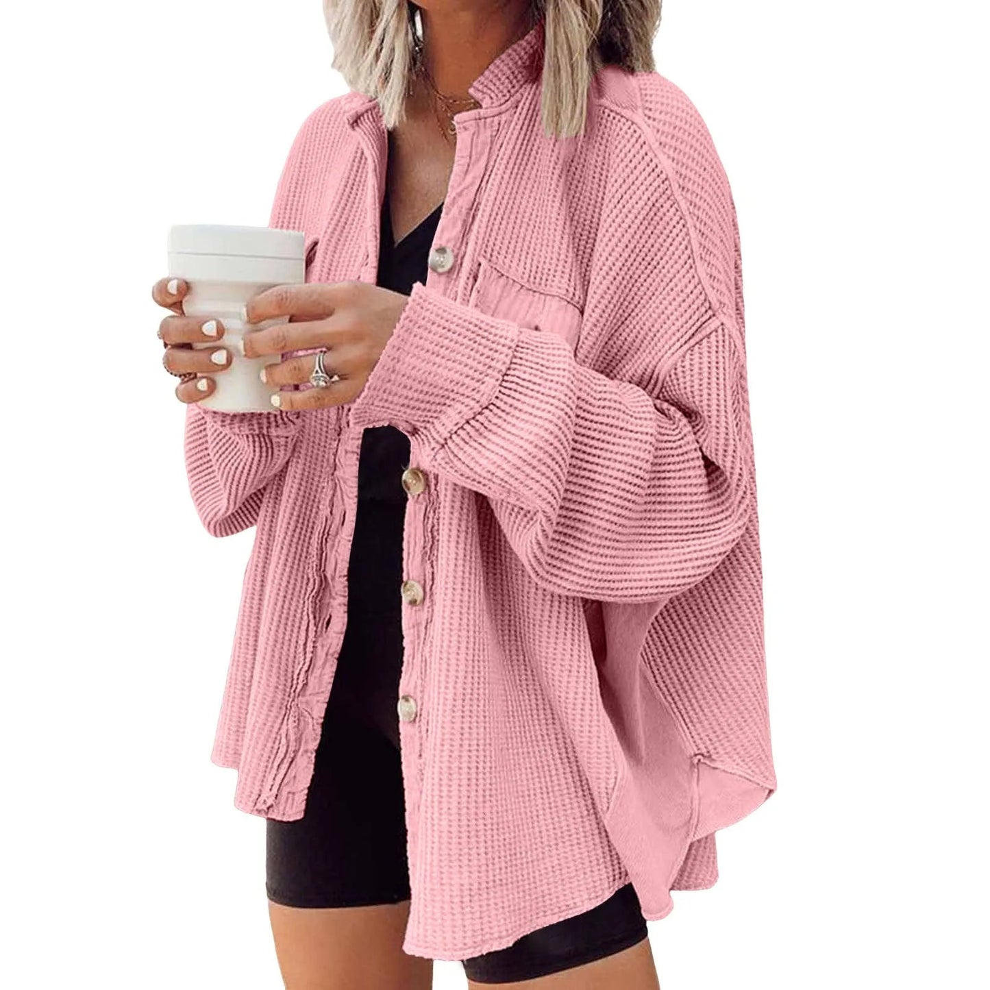 Women's Retro Waffle Jacket - Casual Long Sleeve Shacket - dellidu.com - Pink - Women's Retro Waffle Jacket - Casual Long Sleeve Shacket - XXL - CHINA - Women's Retro Waffle Jacket - Casual Long Sleeve Shacket - 14:1052#Pink;200007763:201336100;5:4182 - dellidu.com