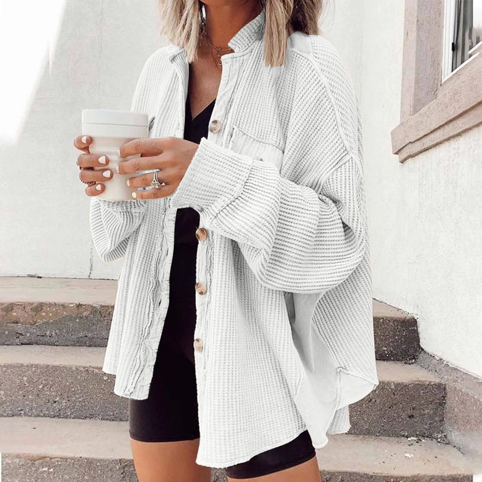 Women's Retro Waffle Jacket - Casual Long Sleeve Shacket - dellidu.com - White - Women's Retro Waffle Jacket - Casual Long Sleeve Shacket - XXL - United States - Women's Retro Waffle Jacket - Casual Long Sleeve Shacket - 14:365458#White;200007763:201336106;5:4182 - dellidu.com