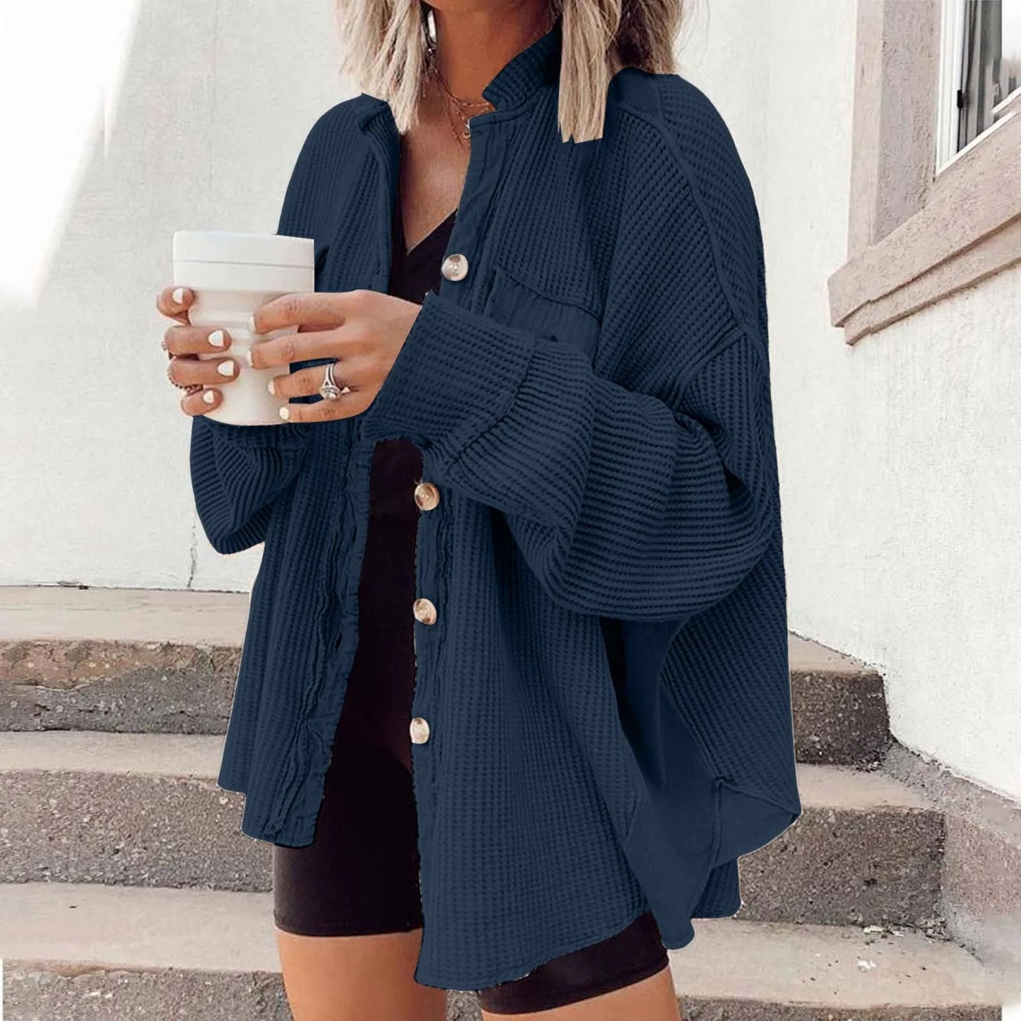 Women's Retro Waffle Jacket - Casual Long Sleeve Shacket - dellidu.com - Dark Blue - Women's Retro Waffle Jacket - Casual Long Sleeve Shacket - XXL - CHINA - Women's Retro Waffle Jacket - Casual Long Sleeve Shacket - 14:200001438#Dark Blue;200007763:201336100;5:4182 - dellidu.com