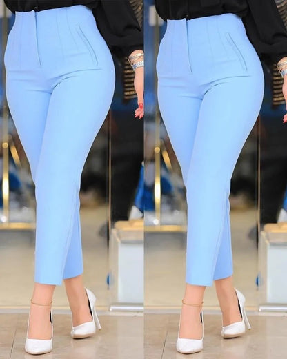 Women's Slim Solid Color Pleated Nine - Point Casual Pants - dellidu.com - Sky blue - Women's Slim Solid Color Pleated Nine - Point Casual Pants - S - Women's Slim Solid Color Pleated Nine - Point Casual Pants - 14:1254#Sky blue;5:100014064 - dellidu.com