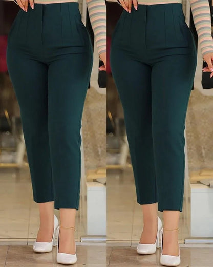 Women's Slim Solid Color Pleated Nine - Point Casual Pants - dellidu.com - Dark green - Women's Slim Solid Color Pleated Nine - Point Casual Pants - S - Women's Slim Solid Color Pleated Nine - Point Casual Pants - 14:202693815#Dark green;5:100014064 - dellidu.com