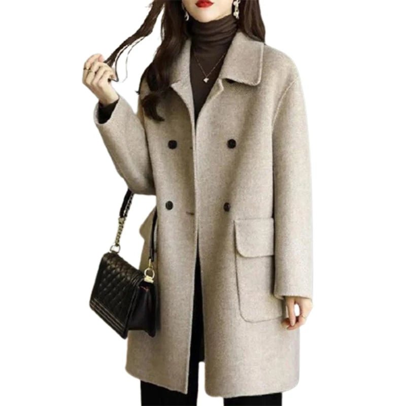 Women's Warm Woolen Overcoat with Lapel Collar - dellidu.com - wheat color - Women's Warm Woolen Overcoat with Lapel Collar - XXXL - Women's Warm Woolen Overcoat with Lapel Collar - 14:771#wheat color;5:4183 - dellidu.com