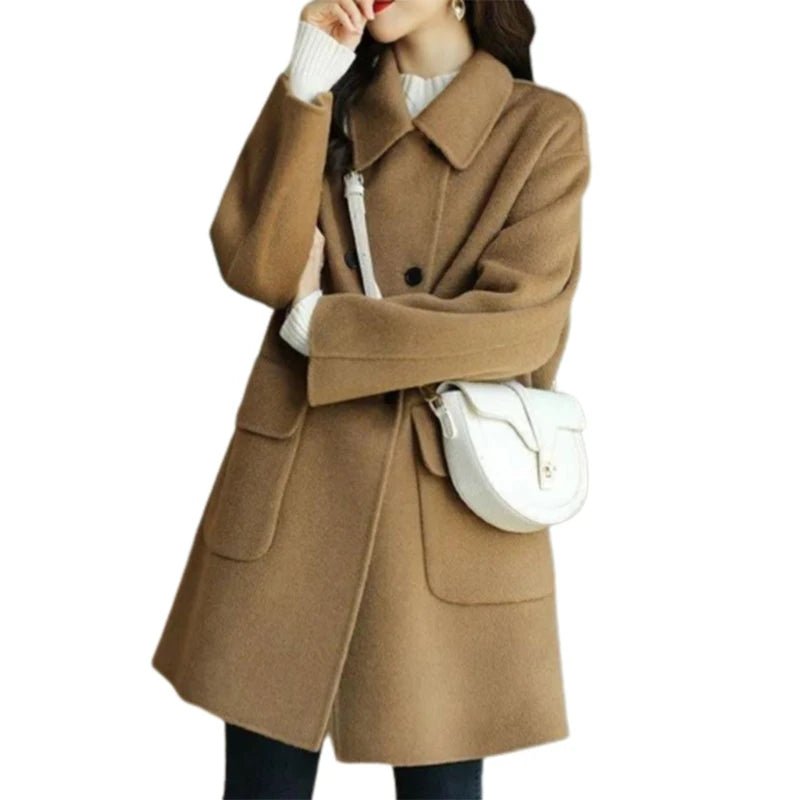 Women's Warm Woolen Overcoat with Lapel Collar - dellidu.com - Khaki - Women's Warm Woolen Overcoat with Lapel Collar - M - Women's Warm Woolen Overcoat with Lapel Collar - 14:200001438#Khaki;5:361386 - dellidu.com