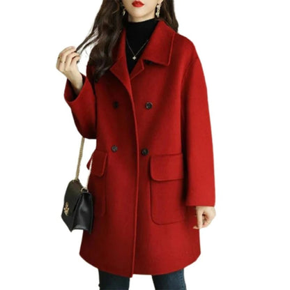 Women's Warm Woolen Overcoat with Lapel Collar - dellidu.com - Red - Women's Warm Woolen Overcoat with Lapel Collar - M - Women's Warm Woolen Overcoat with Lapel Collar - 14:10#Red;5:361386 - dellidu.com