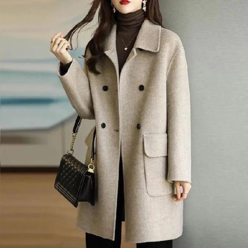 Women's Warm Woolen Overcoat with Lapel Collar - dellidu.com - Khaki - Women's Warm Woolen Overcoat with Lapel Collar - M - Women's Warm Woolen Overcoat with Lapel Collar - 14:200001438#Khaki;5:361386 - dellidu.com