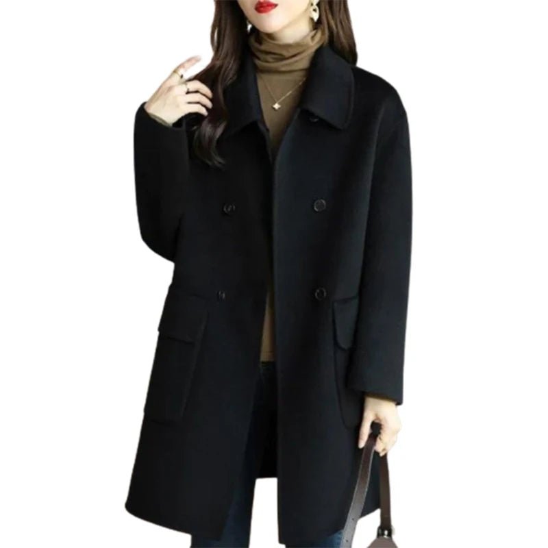 Women's Warm Woolen Overcoat with Lapel Collar - dellidu.com - Black - Women's Warm Woolen Overcoat with Lapel Collar - M - Women's Warm Woolen Overcoat with Lapel Collar - 14:193#Black;5:361386 - dellidu.com