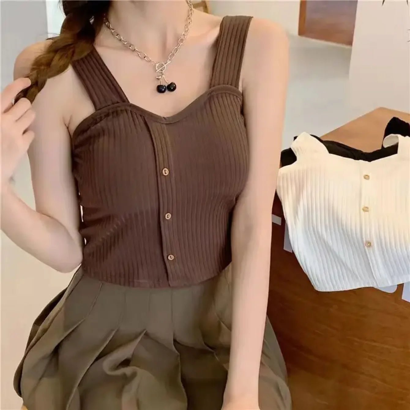 Women's Y2K Cropped Top with Bra Pads - Summer Corset Vest - dellidu.com - Coffee Colour - Women's Y2K Cropped Top with Bra Pads - Summer Corset Vest - One Size - Women's Y2K Cropped Top with Bra Pads - Summer Corset Vest - 14:173#Coffee Colour;5:200003528#One Size - dellidu.com