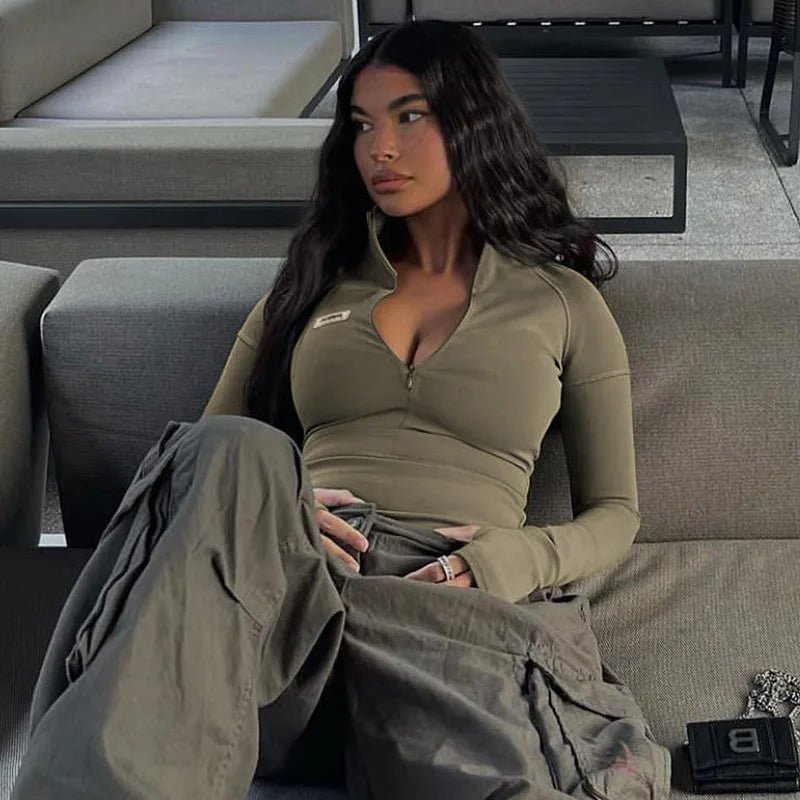 Y2K Long Sleeve Stand Collar Zip Crop Top for Women - dellidu.com - army green - Y2K Long Sleeve Stand Collar Zip Crop Top for Women - S - Y2K Long Sleeve Stand Collar Zip Crop Top for Women - 14:200004889;5:100014064 - dellidu.com